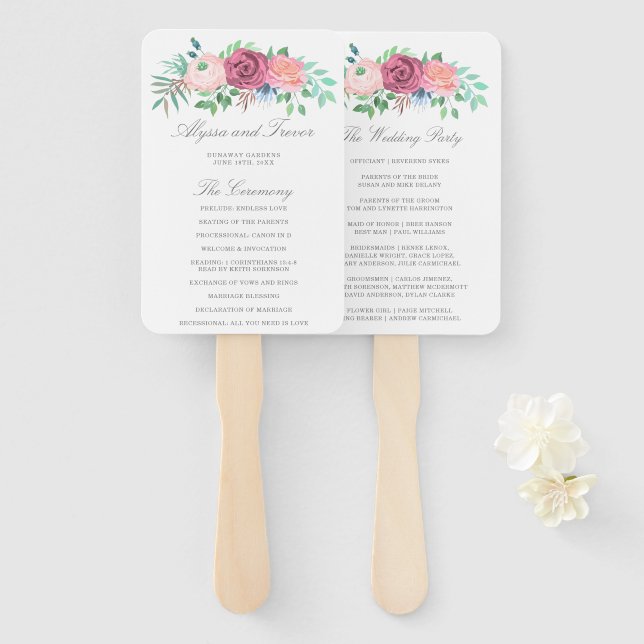 Romantic Pink Floral Garland Wedding Program Hand Fan (Front and Back)