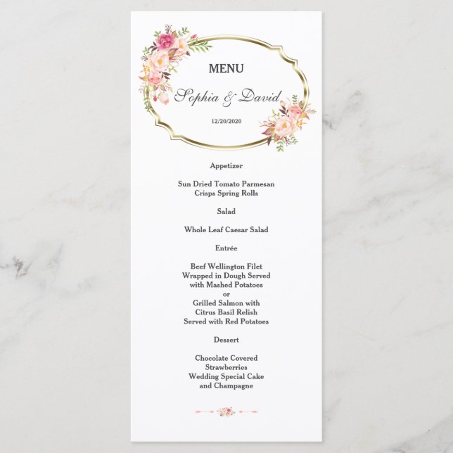Romantic Pink Floral Gold Frame Wedding Menu (Front)