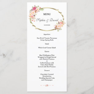 Romantic Pink Floral Gold Frame Wedding Menu