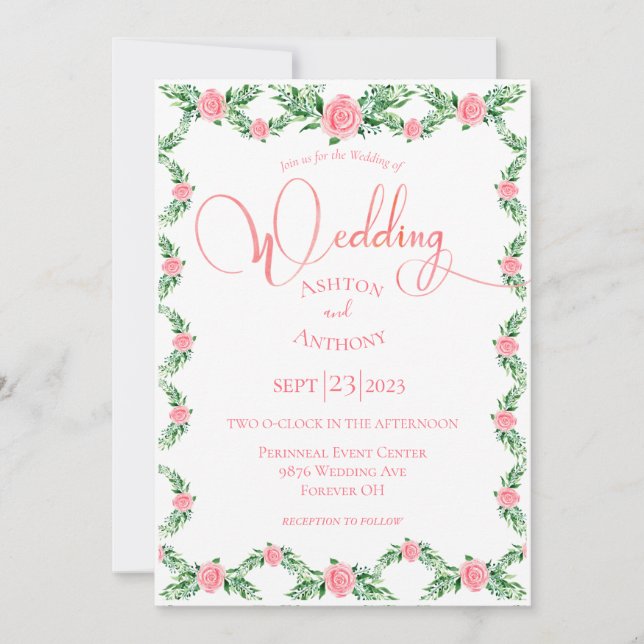 Romantic Pink Floral Greenery Typography Wedding I Invitation (Front)
