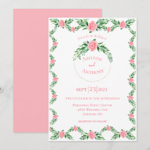 Romantic Pink Floral Greenery Typography Wedding I Invitation