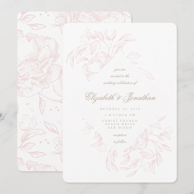 Romantic Pink Floral Sketch Wedding Invitation (Front/Back)