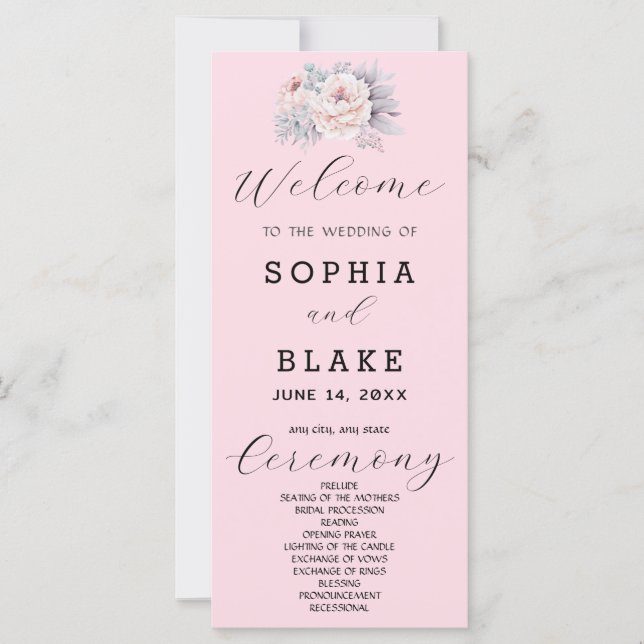 Romantic Pink Floral Soft Pink Wedding Program (Front)