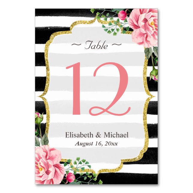 Romantic Pink Floral Striped Wedding Table Number (Front)