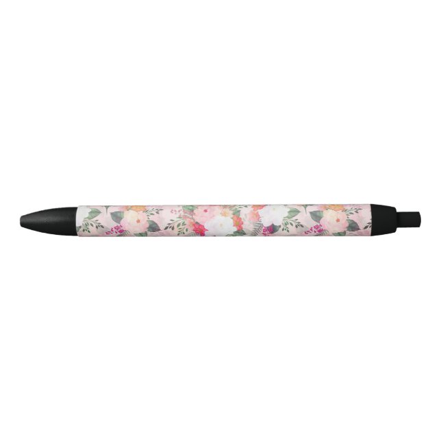 Romantic Pink Floral Watercolor Painting Black Ink Pen (Front)