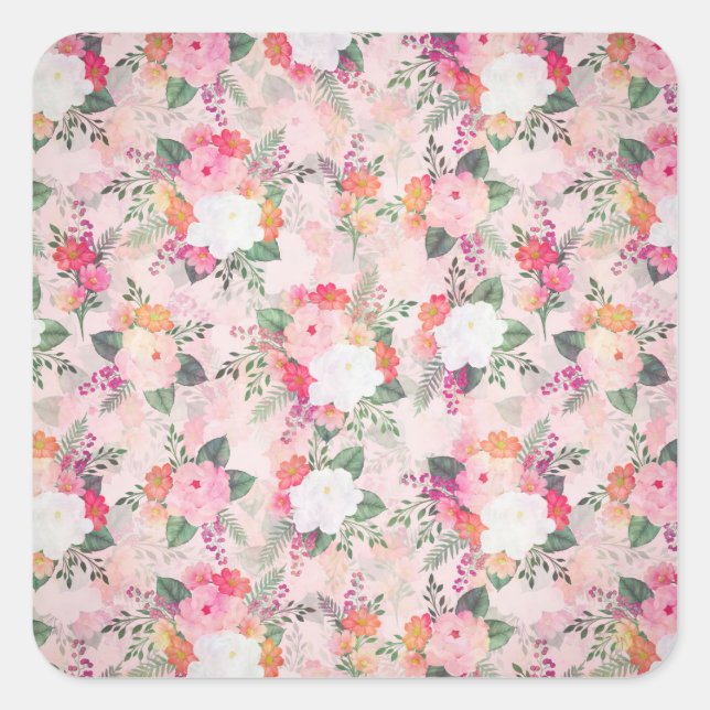 Romantic Pink Floral Watercolor Painting Square Sticker (Front)