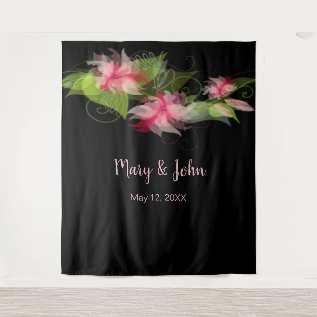 Romantic Pink Floral Wedding Backdrop Tapestry (Front)