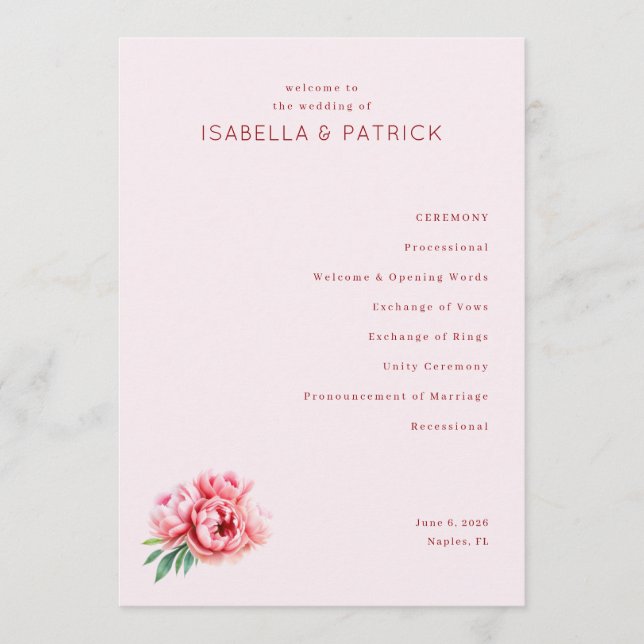 Romantic Pink Floral Wedding Ceremony Program Programme (Front)