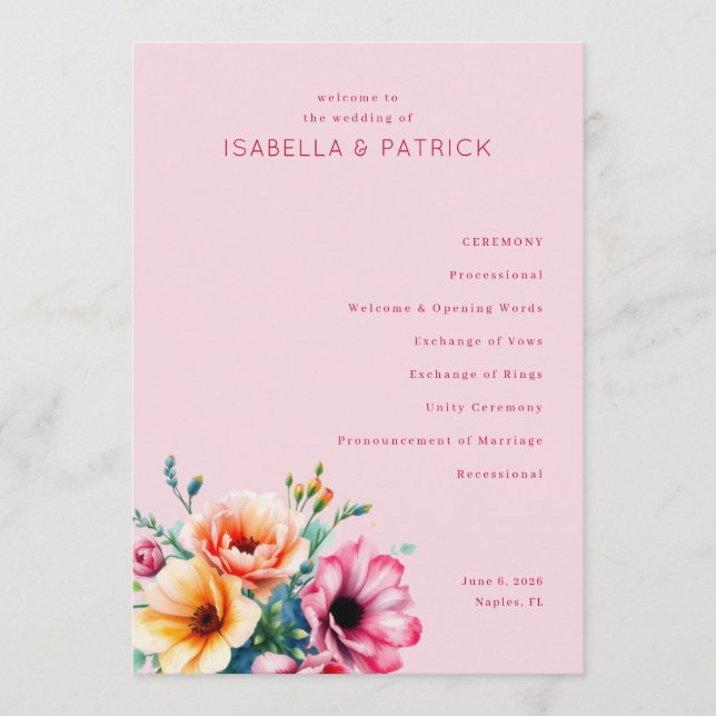 Romantic Pink Floral Wedding Ceremony Programme (Front)