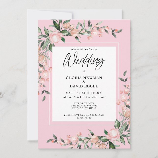 Romantic Pink Floral Wedding Invitation (Front)