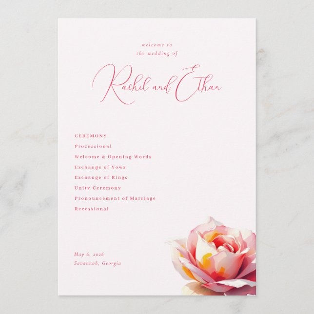 Romantic Pink Floral Wedding Programme (Front)