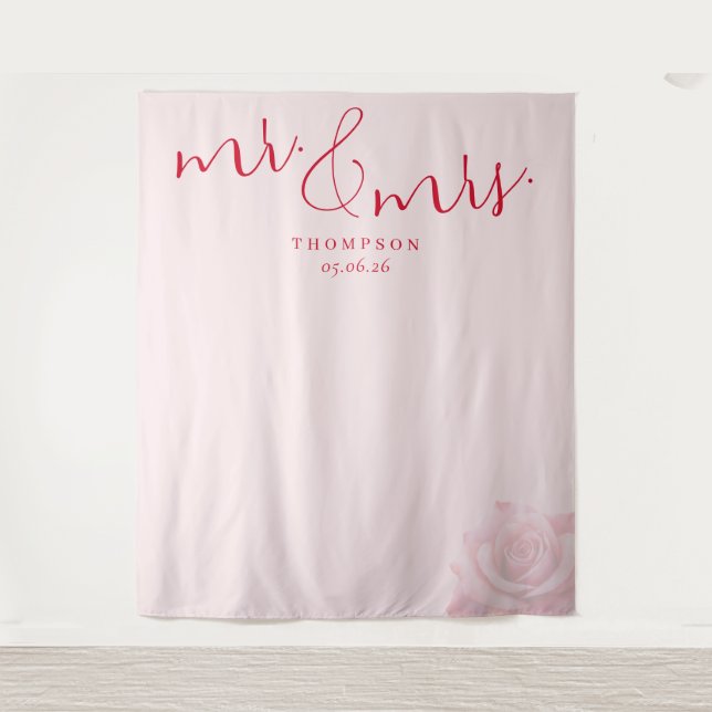 Romantic Pink Floral Wedding Sign Tapestry (Front)