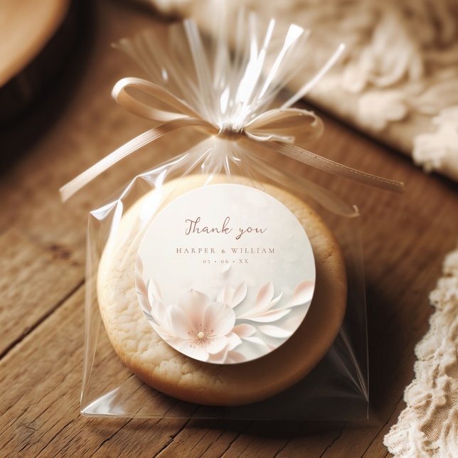 Romantic pink floral wedding thank you classic round sticker (Thank you sticker with blush pink/ beige floral print)