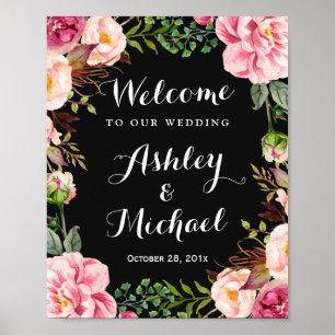 Romantic Pink Floral Wreath Classy Wedding Sign