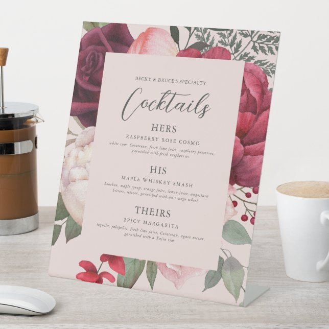 Romantic Pink Florals Bridal Bouquet Bar Menu Pedestal Sign (In SItu)