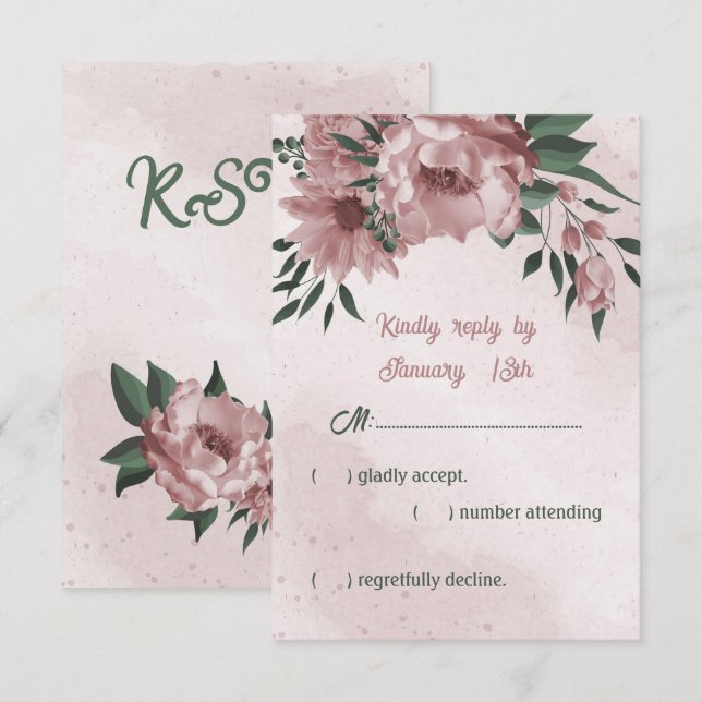 romantic pink flowers and green leaves wedding RSVP card (Front/Back)