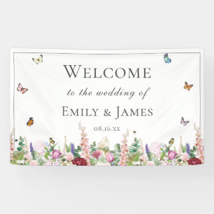 Romantic Pink Flowers & Butterflies Wedding Banner