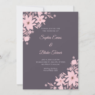 Romantic Pink Flowers Floral Smoke Grey Wedding Invitation