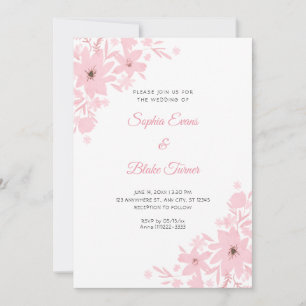 Romantic Pink Flowers Floral White Wedding Invitation