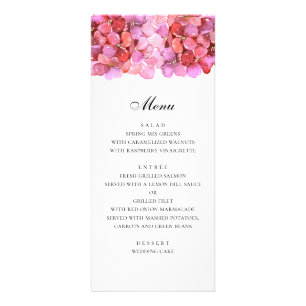 Romantic pink flowers. Fuchsia wedding dinner menu