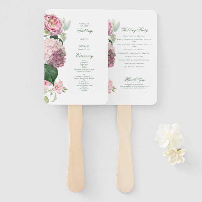 Romantic Pink Flowers Garden Wedding Program Hand Fan (Front and Back)