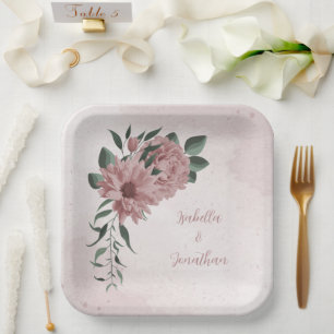 romantic pink flowers & green leaves paper plate