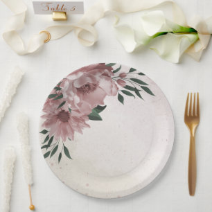 romantic pink flowers green leaves paper plate