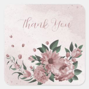 romantic pink flowers & green leaves square sticker