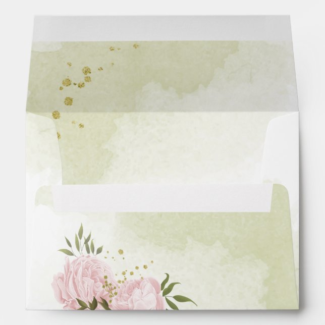 Romantic pink flowers green leaves wedding envelope (Back (Bottom))