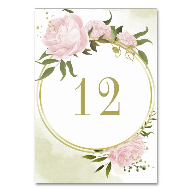Romantic pink flowers greenery gold wreath table number (Front)