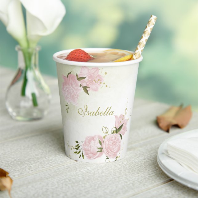 romantic pink flowers greenery paper cups (Insitu)