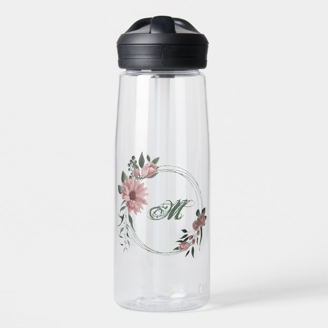 romantic pink flowers greenery water bottle (Front)