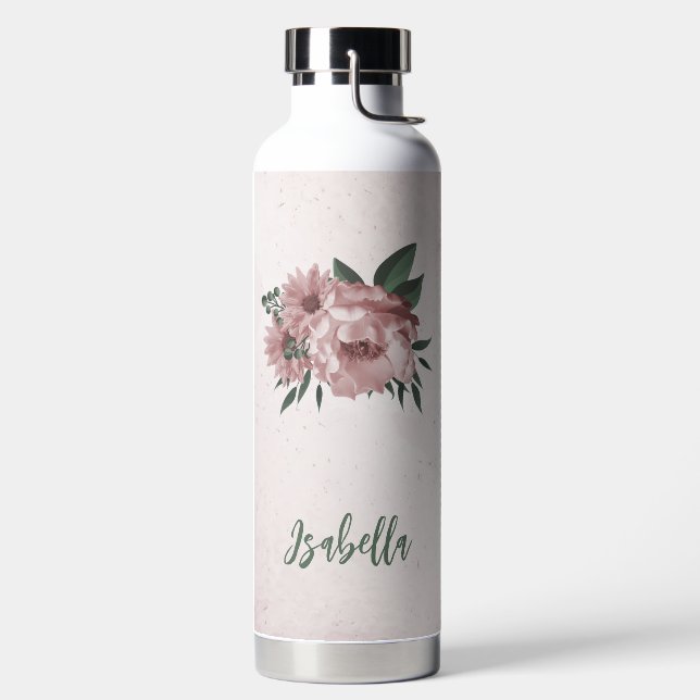 romantic pink flowers greenery water bottle (Left)