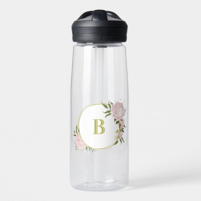 romantic pink flowers greenery water bottle (Front)