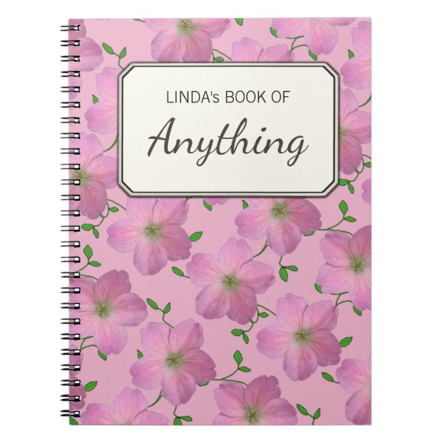 Romantic Pink Flowers on any Colour Personalised Notebook (Front)