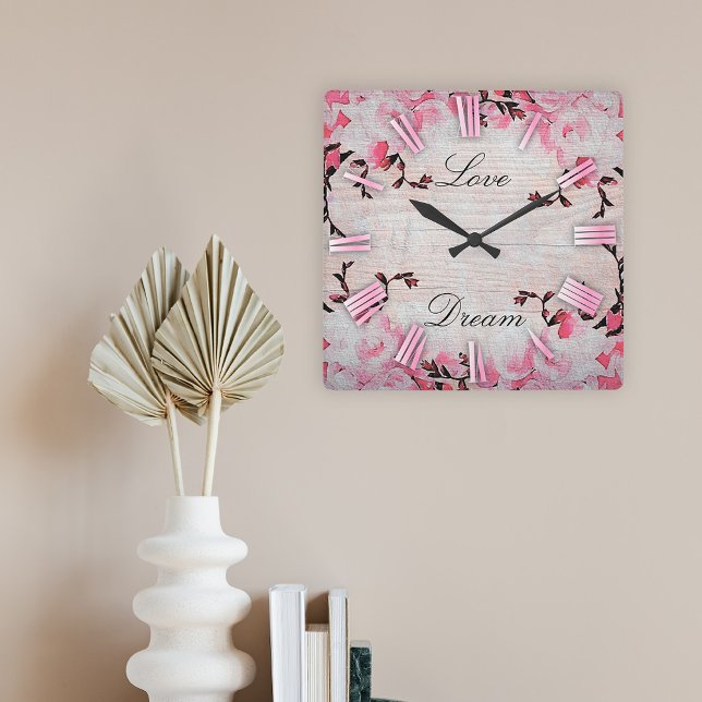 Romantic Pink Flowers On Rustic Wood Country Chic  Square Wall Clock (Creator Uploaded)