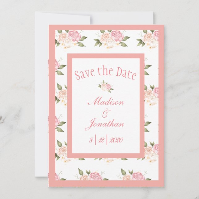 Romantic Pink Flowers Script Wedding Save The Date (Front)