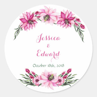 Romantic Pink Flowers Watercolor Wedding Classic Round Sticker