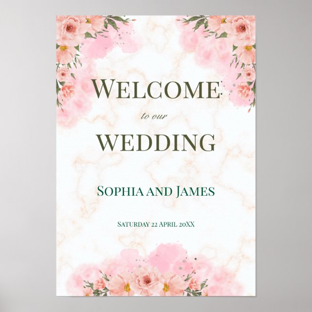Romantic Pink Flowers Wedding Sign (Front)