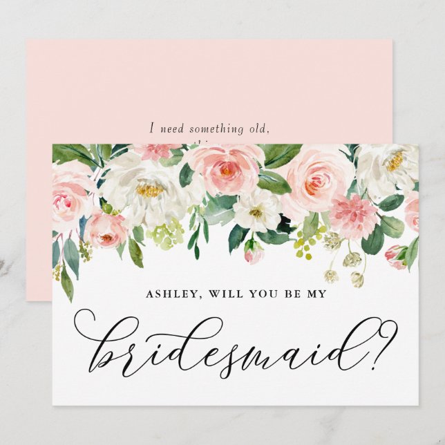 Romantic Pink Flowers Will You Be My Bridesmaid Invitation (Front/Back)