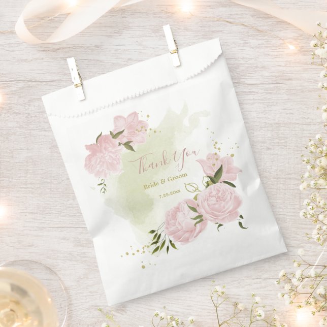 romantic pink flowers with green leaves wedding favour bags (Clipped)