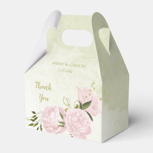 romantic pink flowers with green leaves wedding favour box (Front Side)