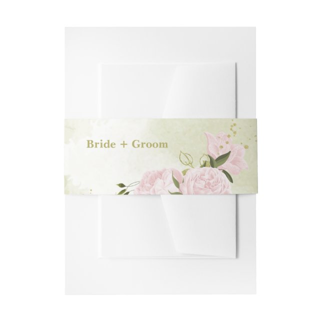 romantic pink flowers with green leaves wedding invitation belly band (Front Example)