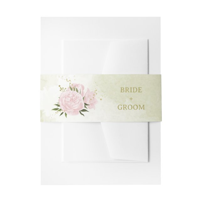 romantic pink flowers with green leaves wedding invitation belly band (Front Example)