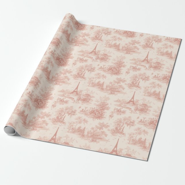 Romantic Pink French Toile Countryside Pattern (2) Wrapping Paper (Unrolled)