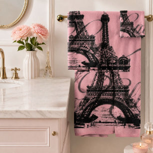 romantic pink french vintage paris eiffel tower bath towel set