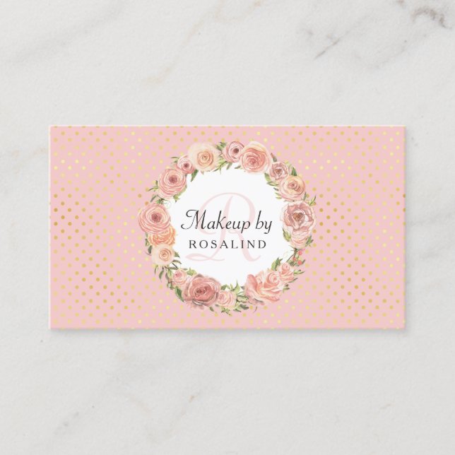 Romantic Pink Gold Dots Rose Floral Makeup Artist Business Card (Front)