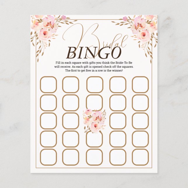 Romantic Pink & Gold Floral Bridal Bingo Game (Back)
