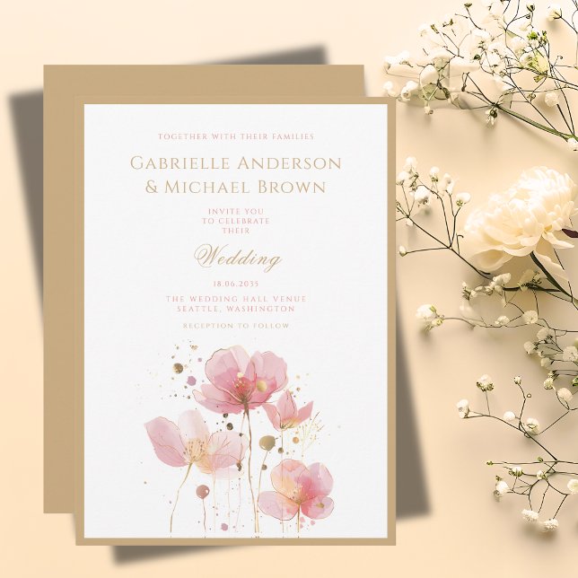 Romantic Pink Gold Watercolor Wildflowers Wedding Invitation (Creator Uploaded)