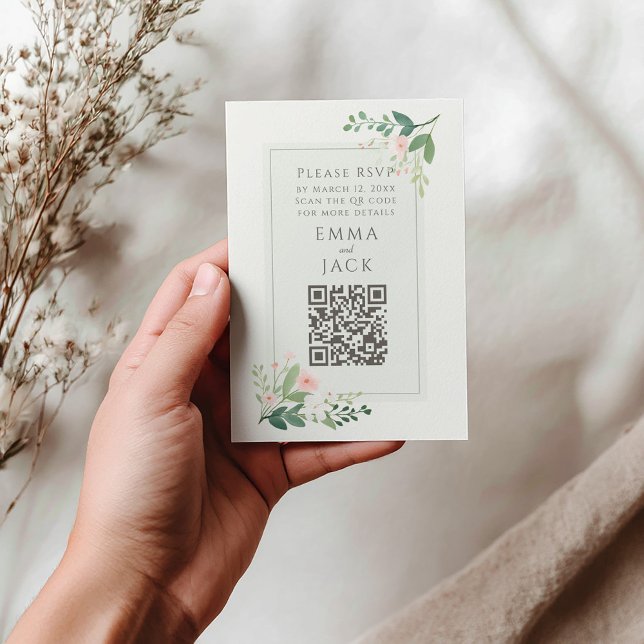 Romantic Pink green Floral Wedding RSVP QR Code Enclosure Card (Pretty pink flowers and green leaves botanical frame RSVP QR Code card)